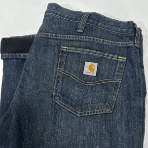 Carhartt Men Straight Relaxed Fleece Lined Denim Dark Blue Wash Jeans Size 42X30